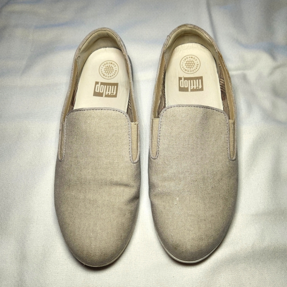 Fitflop Superskate Slip-On Sneakers Sz 8.5 Beige Tan Canvas Shoes